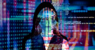 code projected over woman