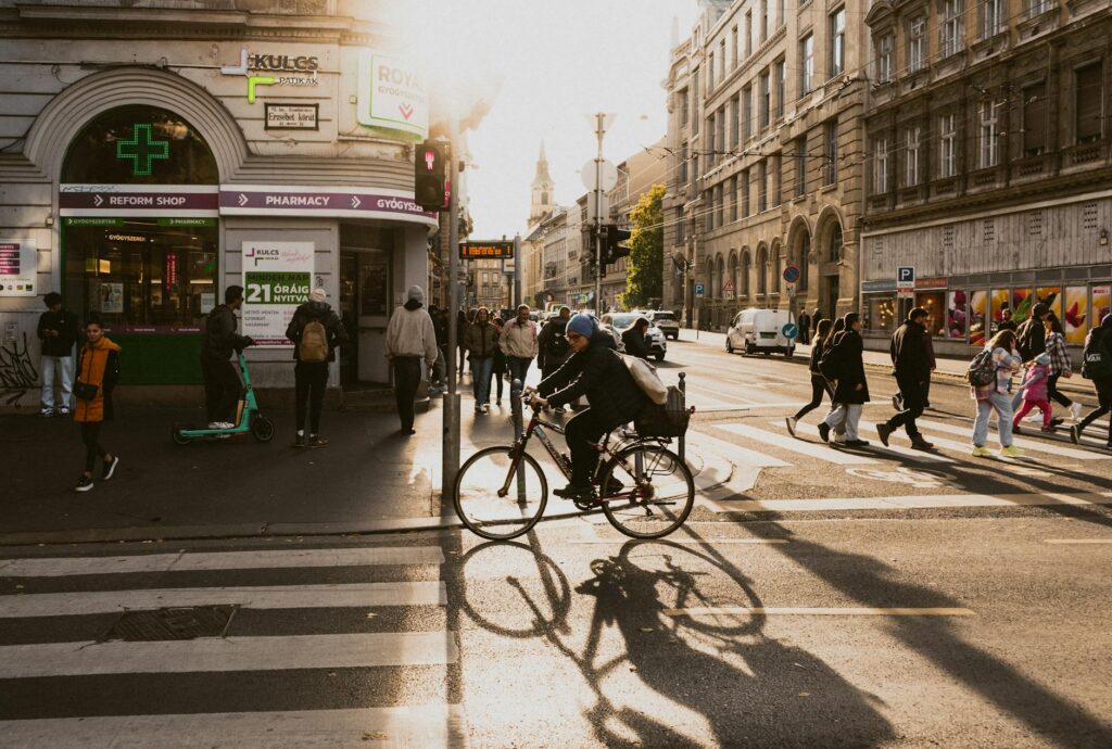 busy street scene in budapest during autumn
