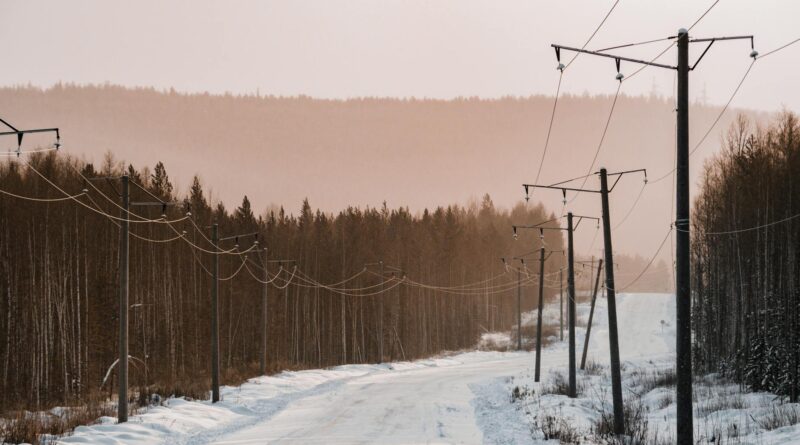 winter road with power lines in russian countryside