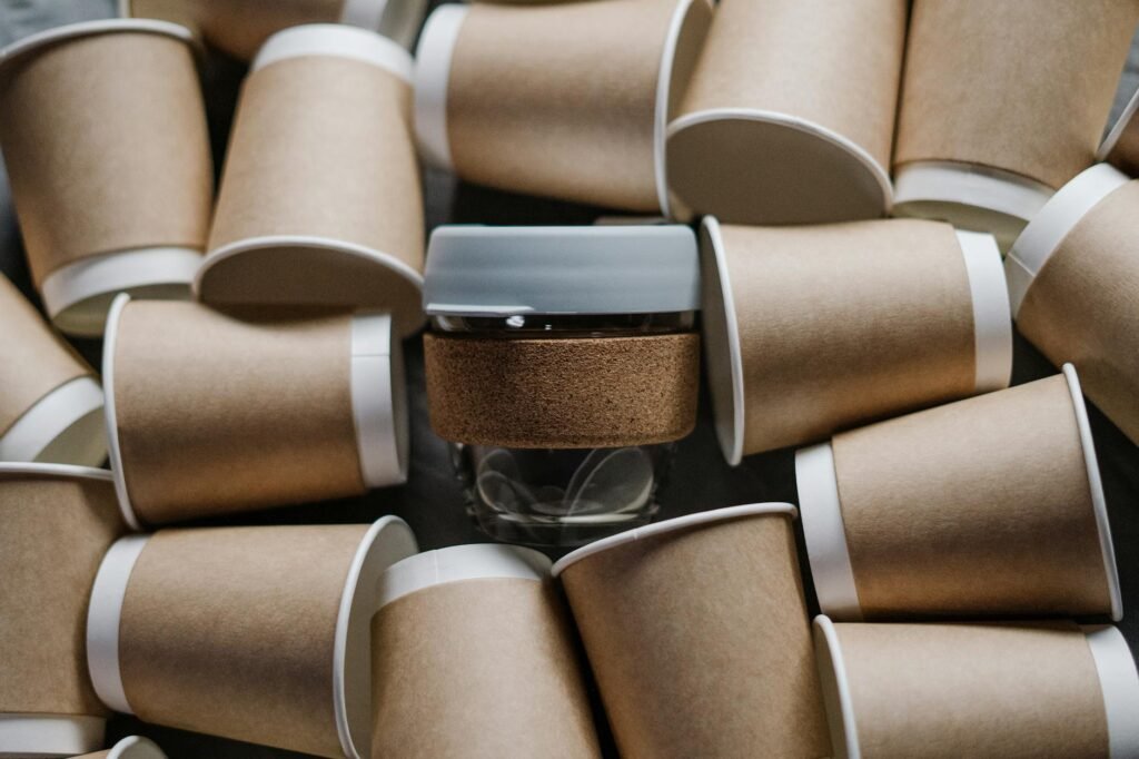 brown and white paper cups