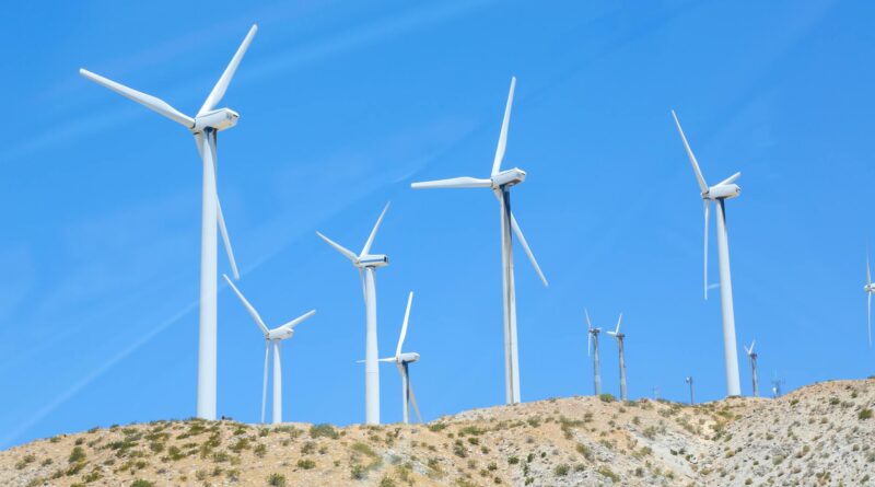 rows of wind turbines on slope in field