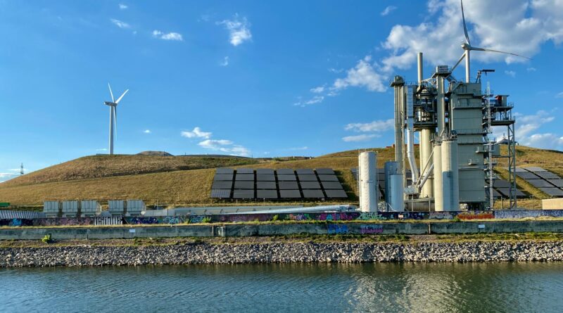 solar light panels on grass near windmills