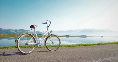 gray commuter bike parked on road beside sea
