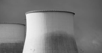 black and white photo of nuclear cooling towers