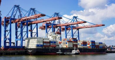 container ship docked at hamburg terminal
