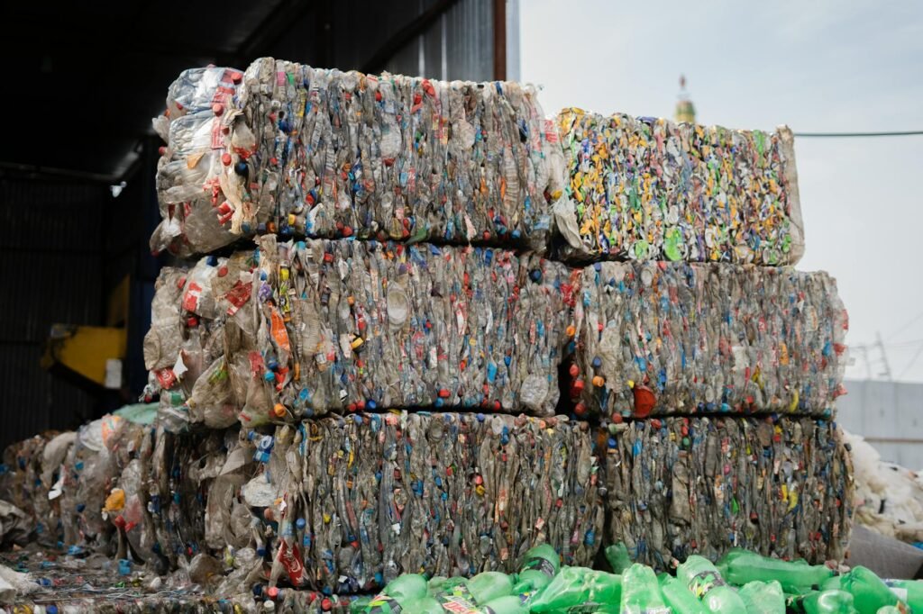 plastic bottles pressed into cubes