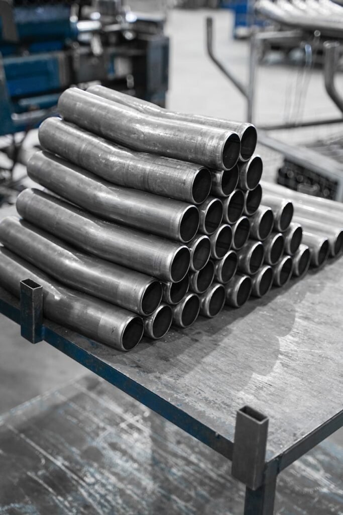 stack of slightly curved pipes on a table in a factory