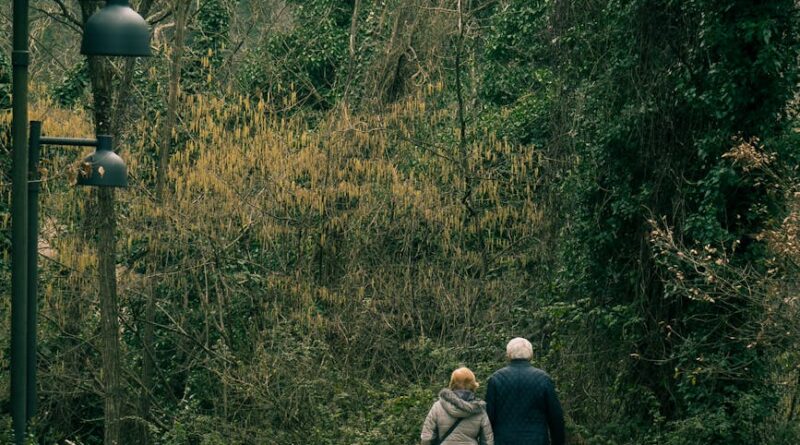 elderly couple walking at park