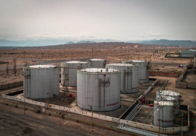 aerial view of industrial oil tanks in desert landscape