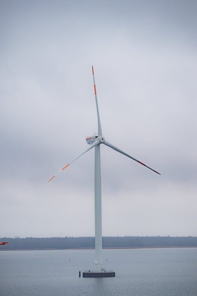 offshore wind turbine on a cloudy day