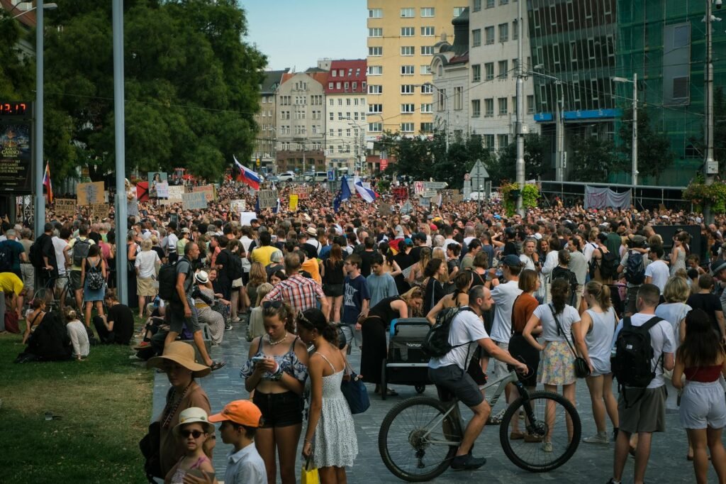crowded protest in bratislava city street