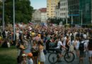 crowded protest in bratislava city street