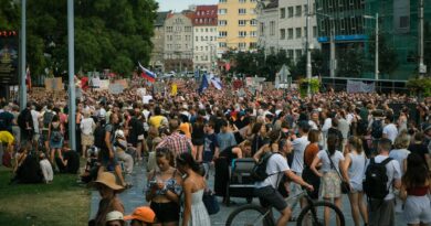 crowded protest in bratislava city street
