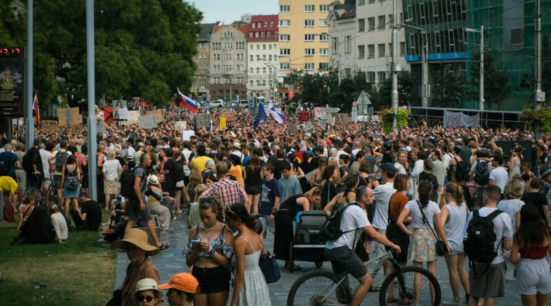 crowded protest in bratislava city street