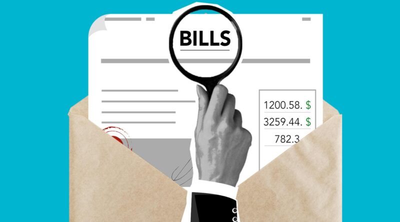 cutout paper of man examining bills through magnifying glass