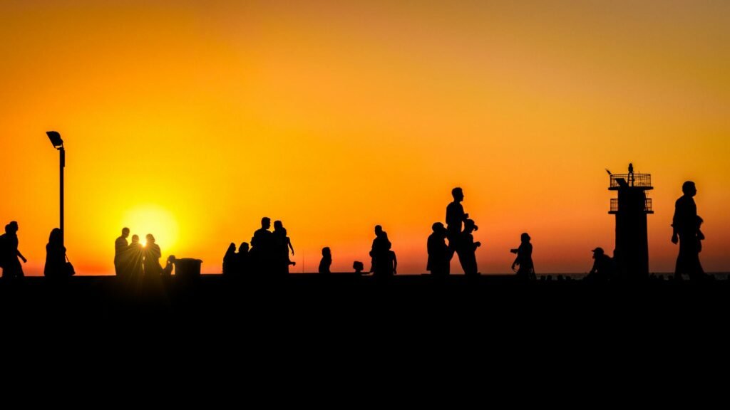 silhouettes against a vibrant sunset