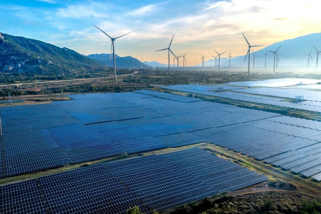 aerial view of solar and wind energy farm