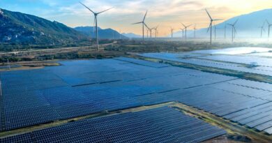 aerial view of solar and wind energy farm