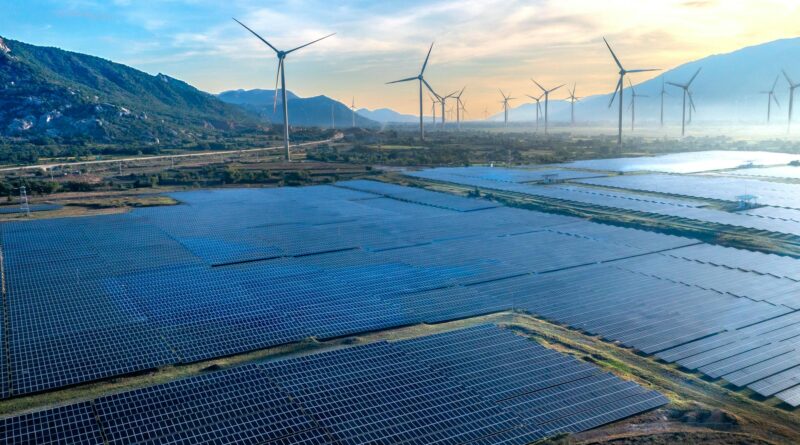 aerial view of solar and wind energy farm