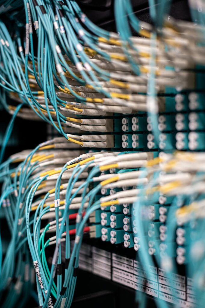 numerous wires mounted into patch panel